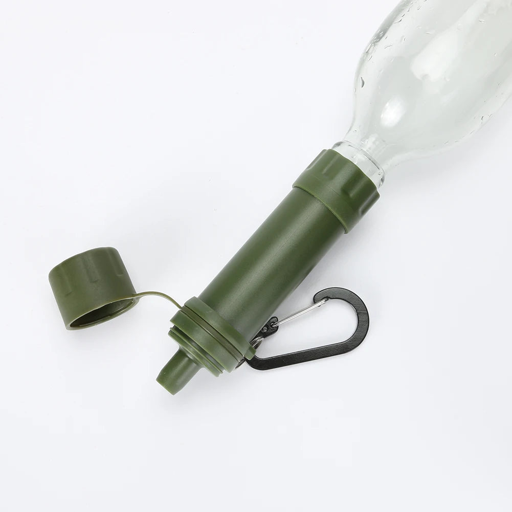 Personal survival water filter with straw for emergency outdoor drinking.