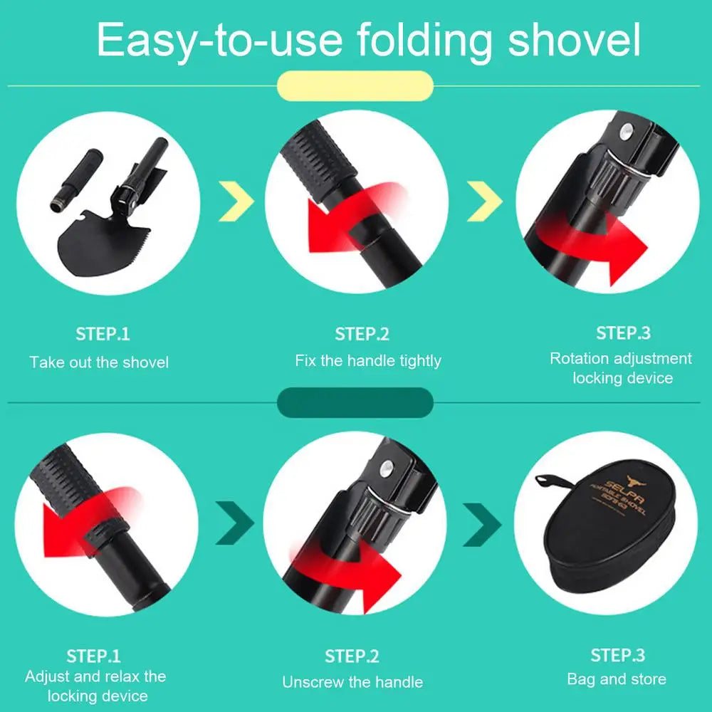 Mini folding survival shovel made of lightweight steel with carry bag for outdoor use