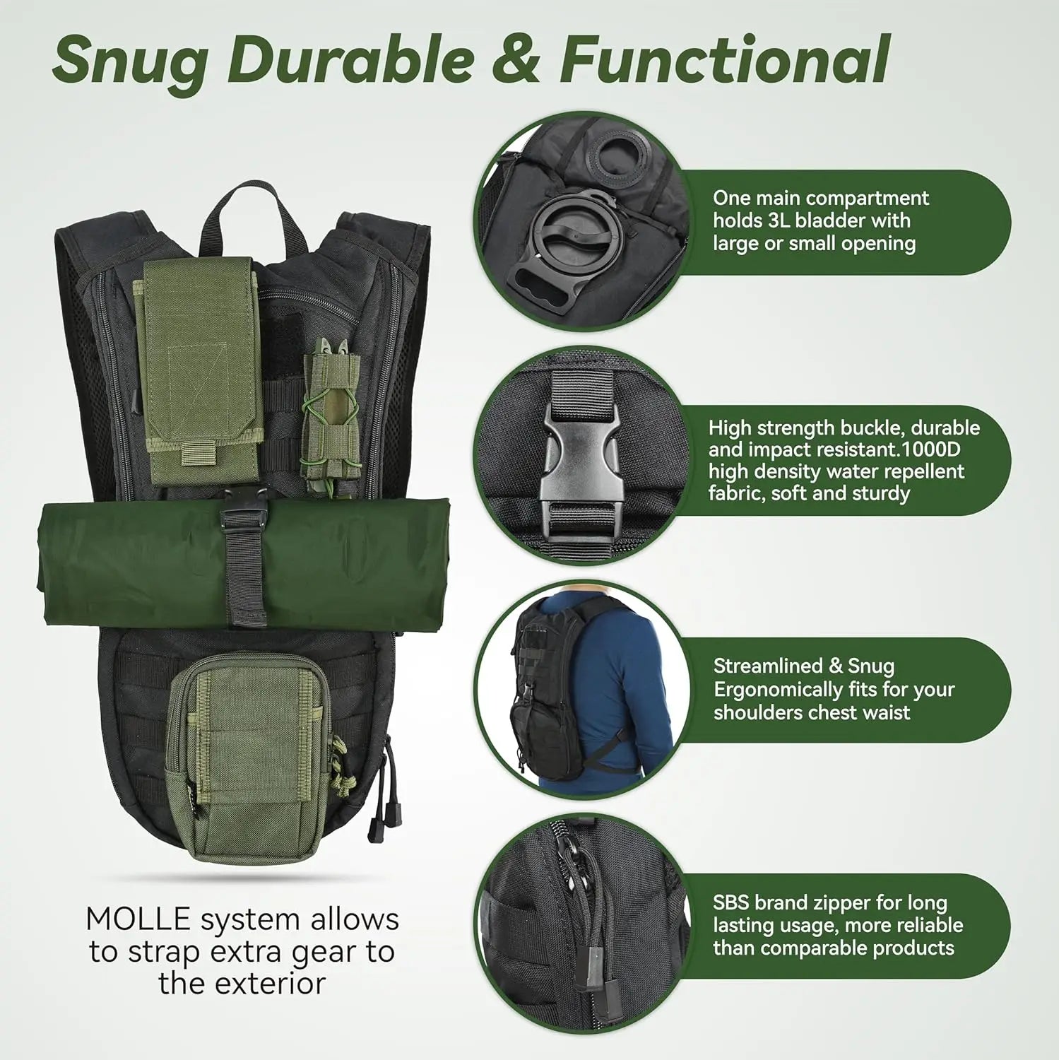 Tactical Hydration Backpack w/ 3L TPU Bladder, Ideal for Cycling, Hiking, Running, etc.