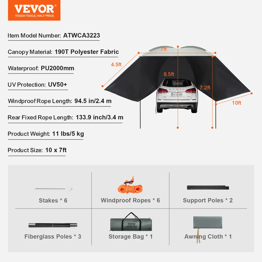 Retractable Vehicle Awning Car Side Awning with Storage Bag