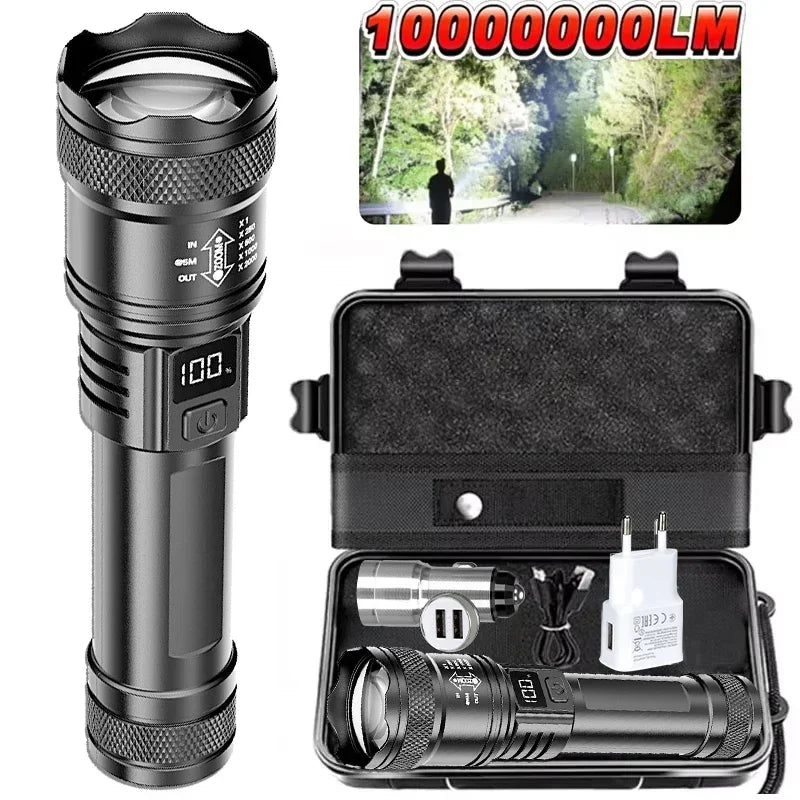 High-Power LED Flashlight USB Rechargeable Zoomable with Display