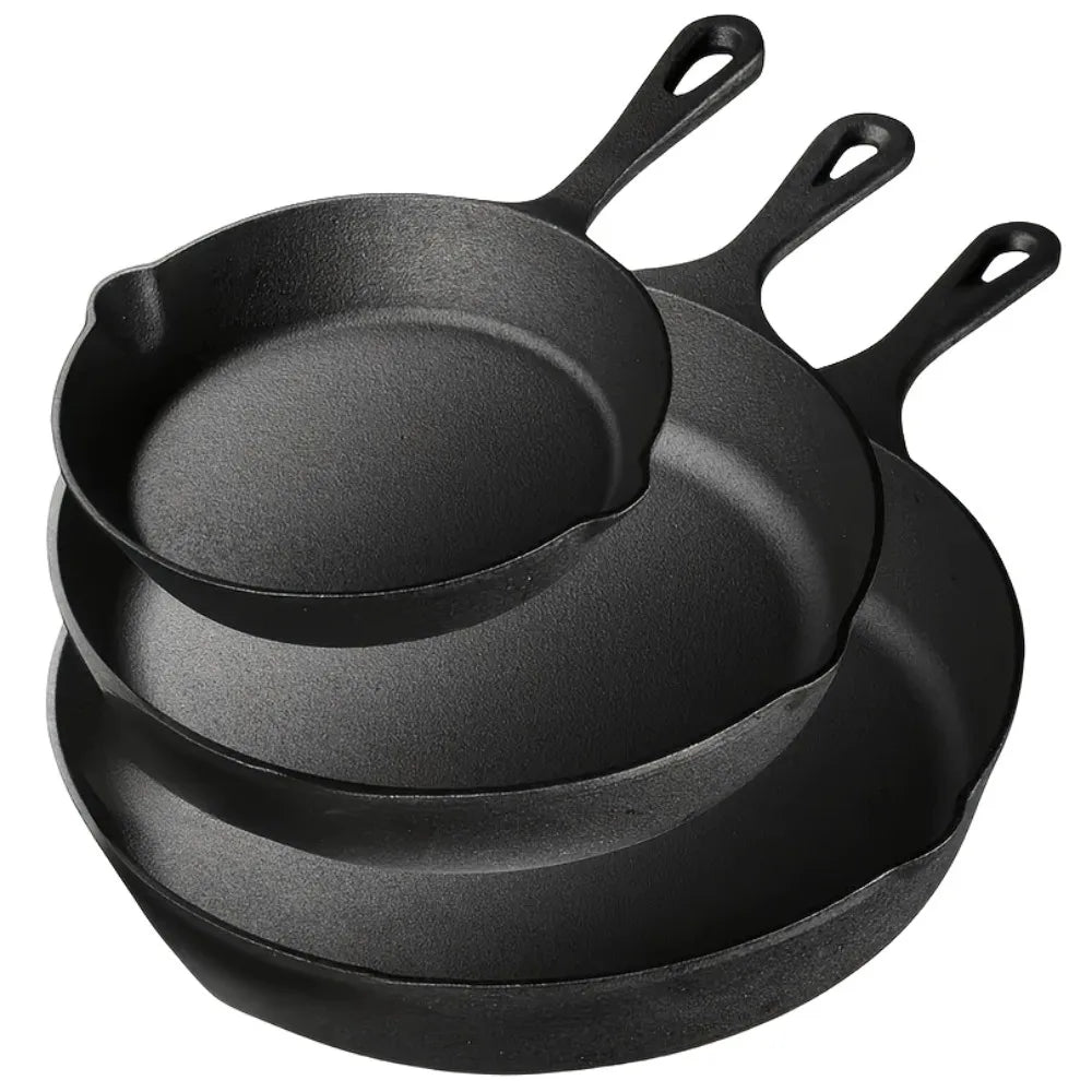 3-piece pre-seasoned cast iron skillet set with 6, 8, and 10 inch pans for versatile cooking.