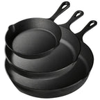 3-piece pre-seasoned cast iron skillet set with 6, 8, and 10 inch pans for versatile cooking.