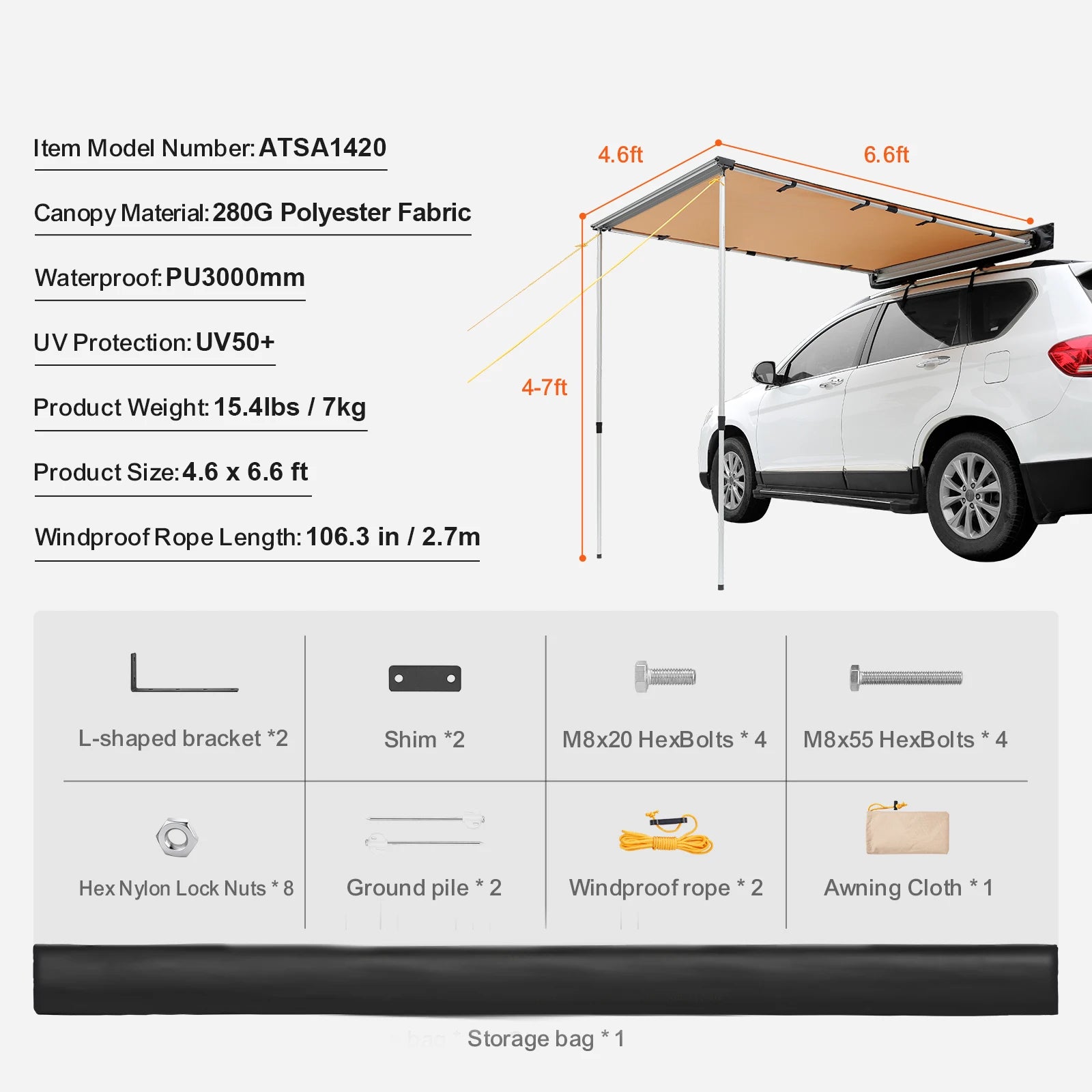 VEVOR Retractable Vehicle Awning Car Side Awning with Storage Bag