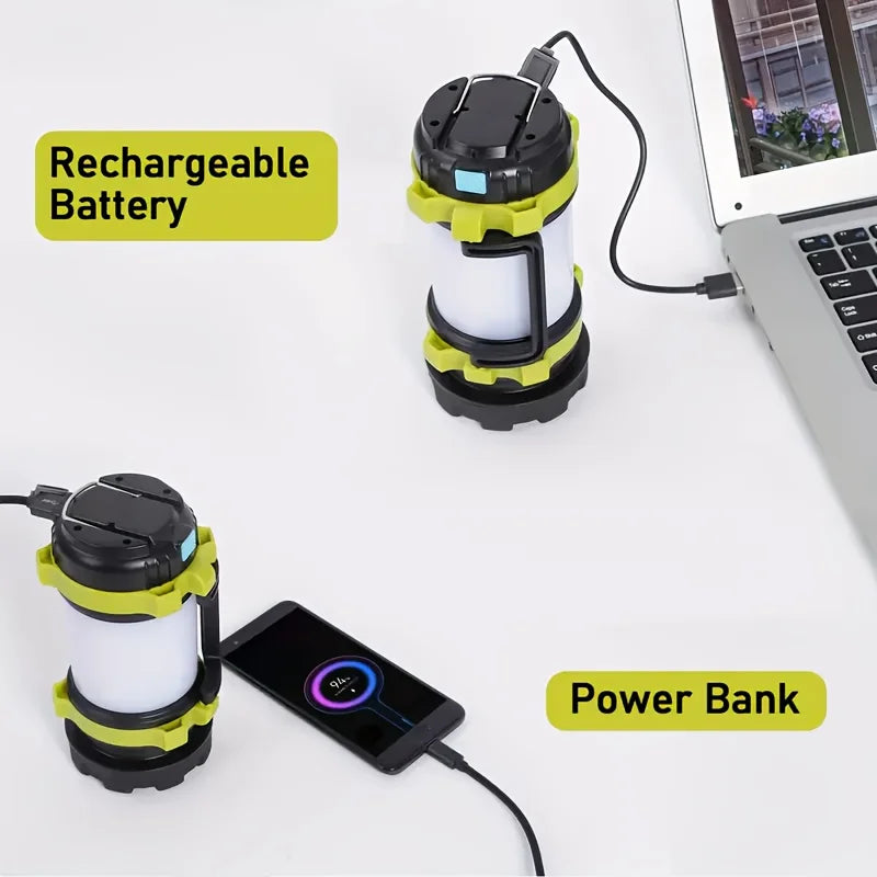 Rechargeable 1000-lumen LED camping light with multiple modes and built-in power bank.