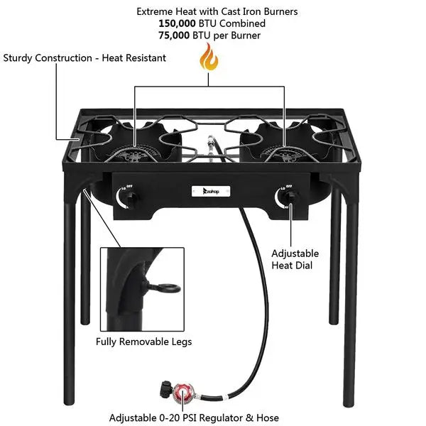High Pressure Propane Stove Double Burner Cast Iron 150,000 BTU